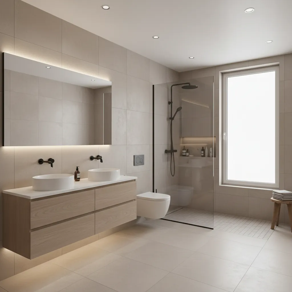 Modern bathroom with floating wooden cabinet double sink large mirror toilet and glass shower partition