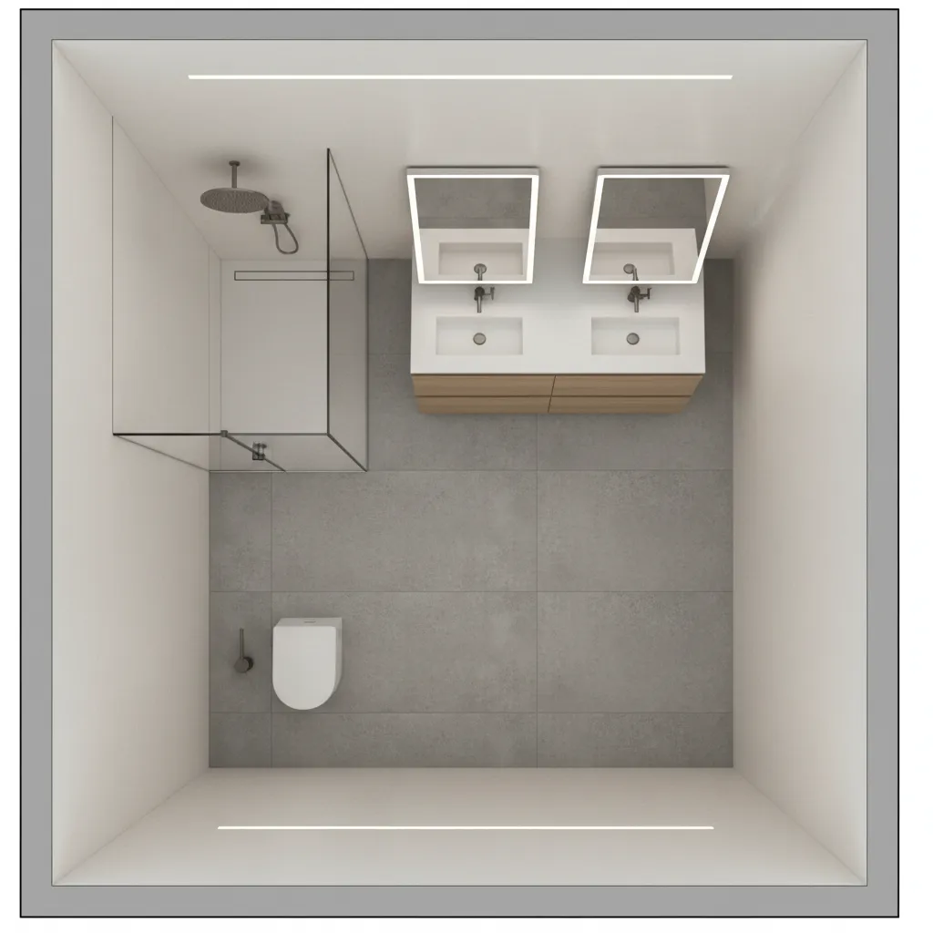 Top view interior design drawing of a bathroom with shower, double sinks, and white toilet