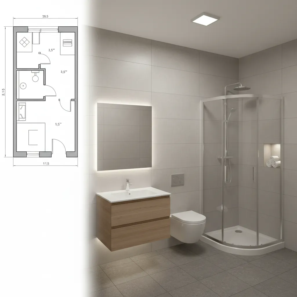 Split view showing a bathroom floor plan next to a 3D interior design drawing layout