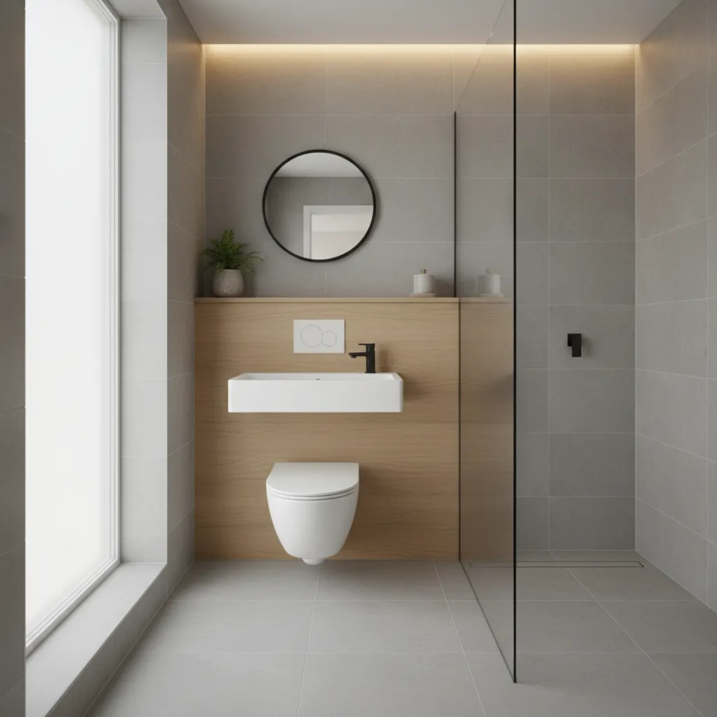 Minimalist bathroom with light grey tiles wooden wall panel floating toilet sink and round mirror