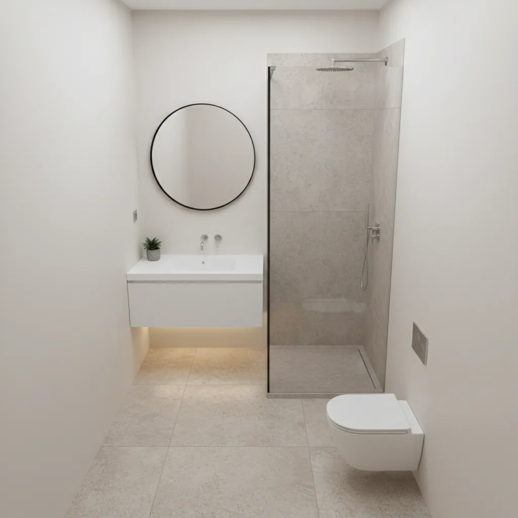 Distribución eficiente de un baño pequeño con ducha al fondo