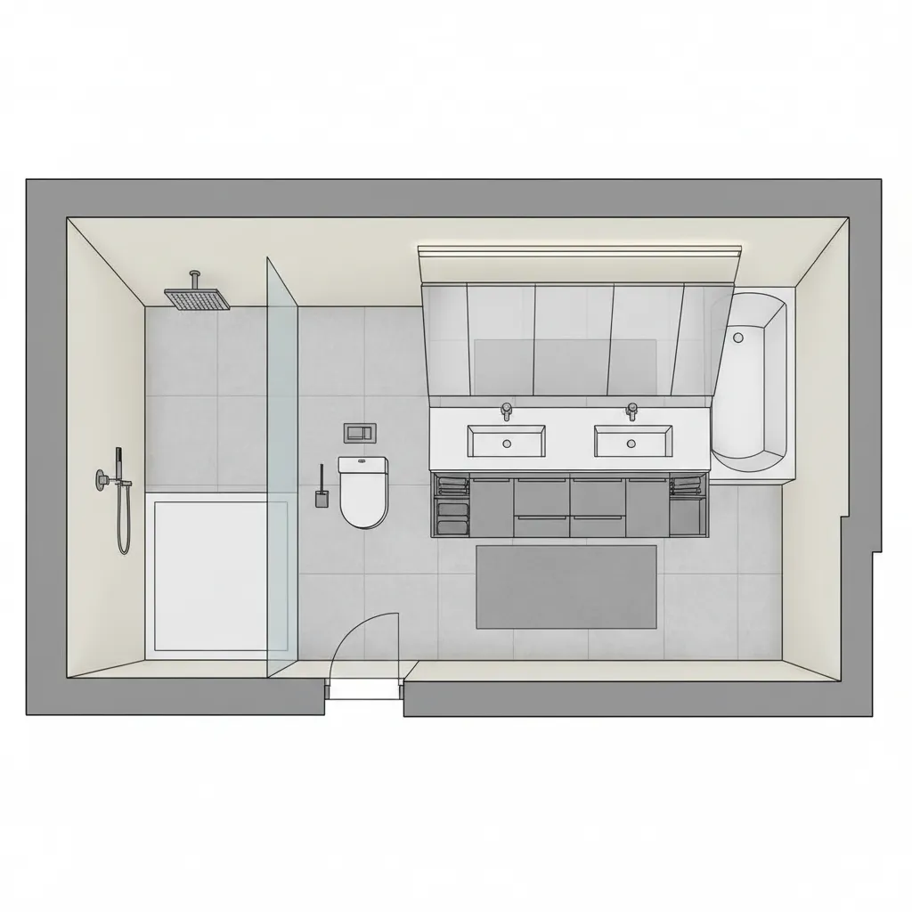 Interior design drawing showing a bathroom layout with shower toilet double sink and a bathtub