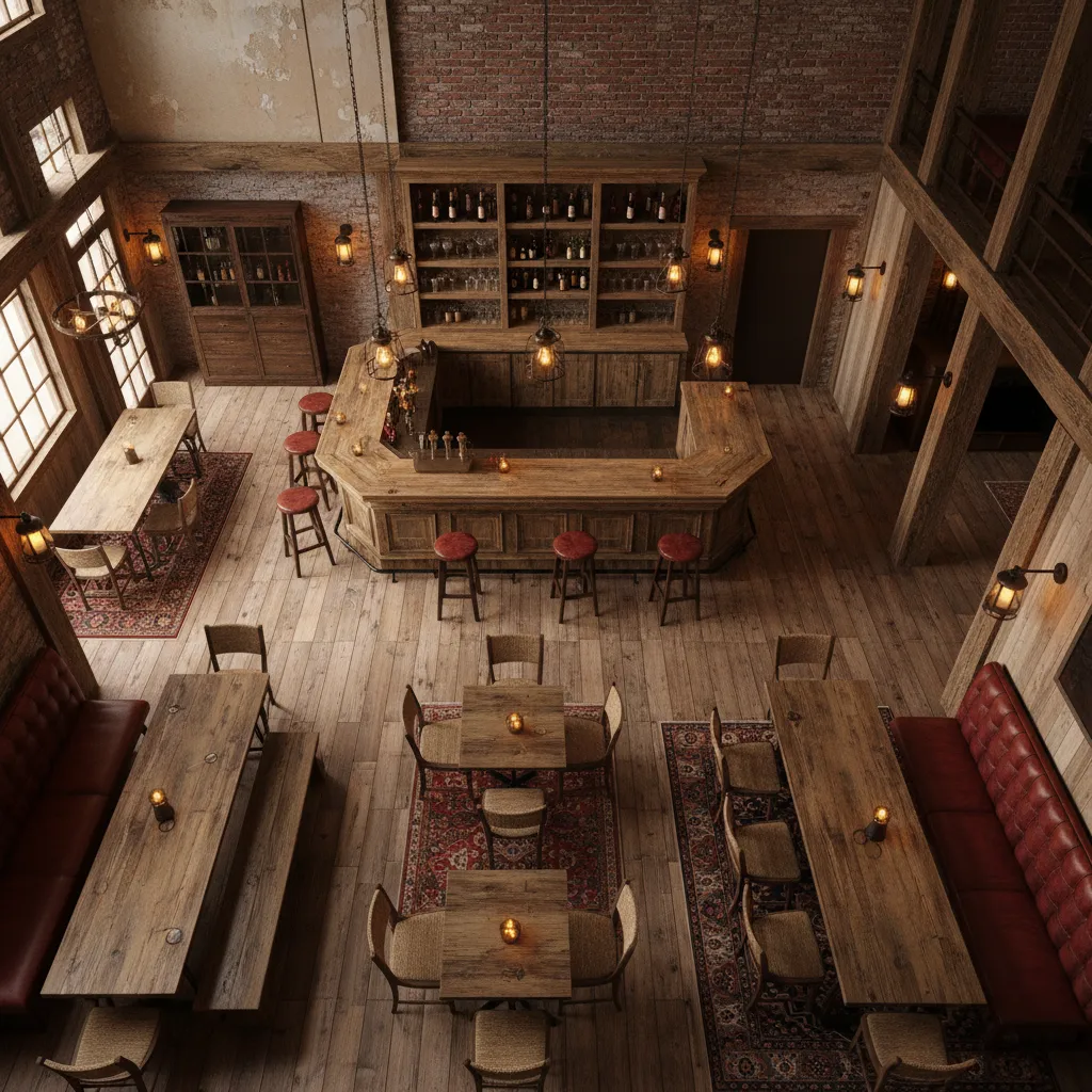 Distribución interior de un bar rústico con barra central y mesas
