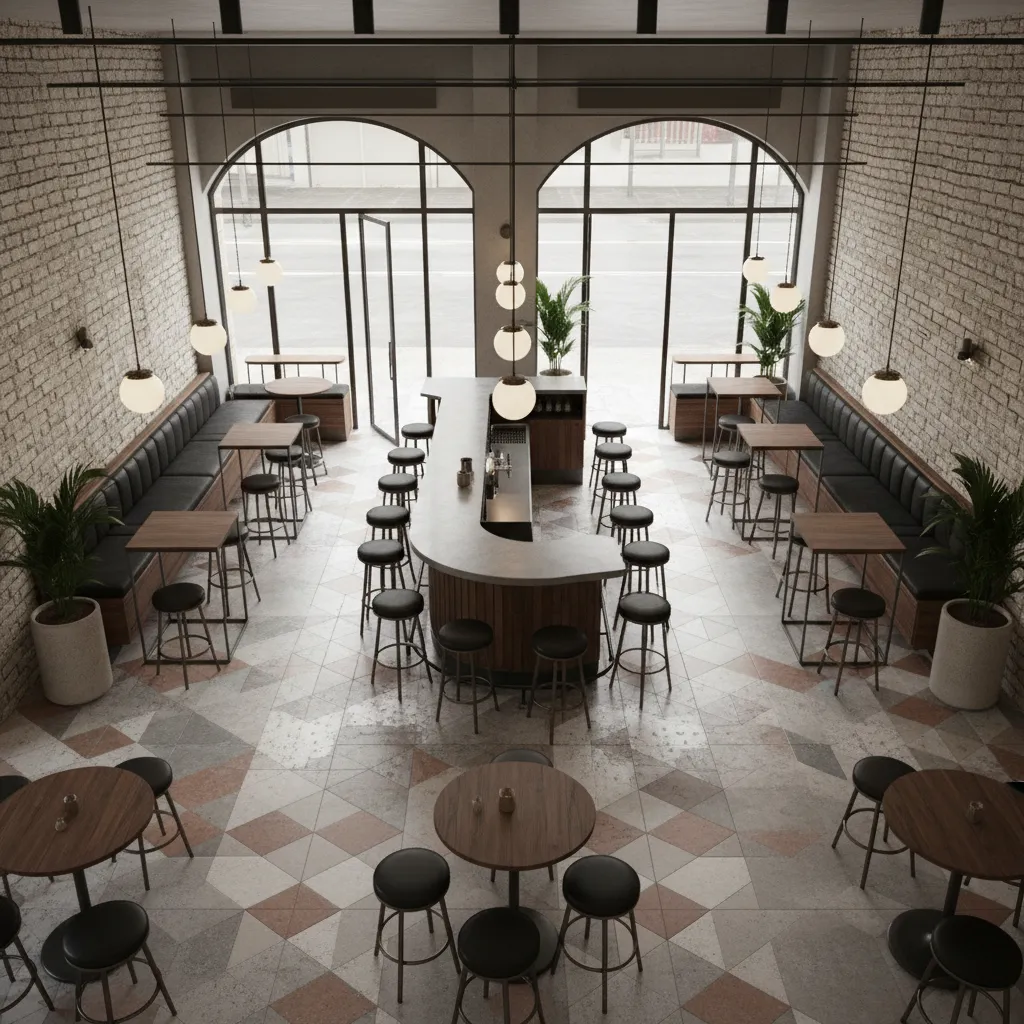 Plano interior de bar de tapas con barra central y mesas altas