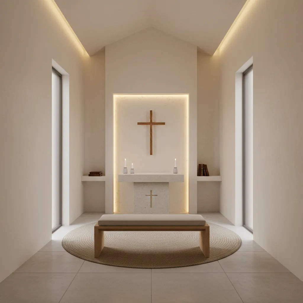 Plano visual de una pequeña capilla doméstica con altar y banco