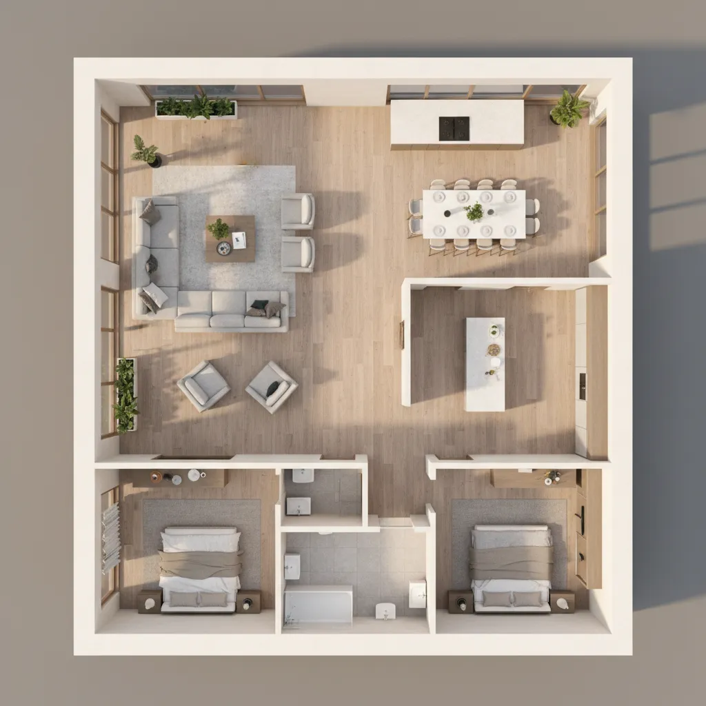Distribución interior de una casa de 100 m² con zonas diferenciadas