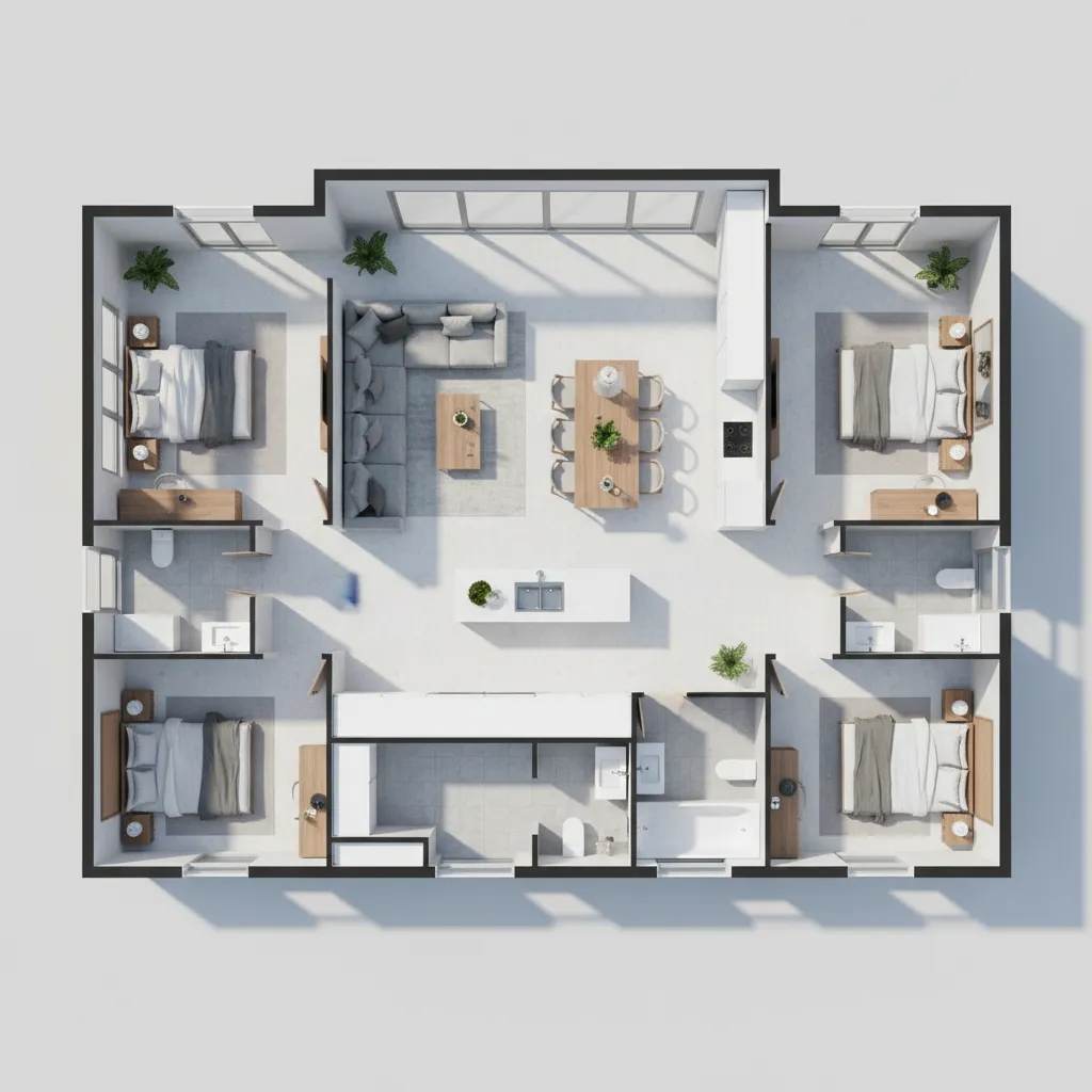 Distribución interior de una casa de 10x10 con salón abierto y tres dormitorios