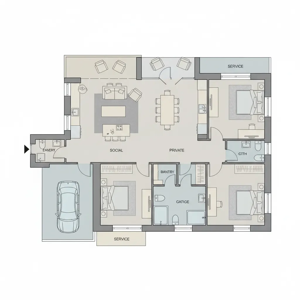 Plano dividido en zona social, privada y de servicio en una casa de 120 m²