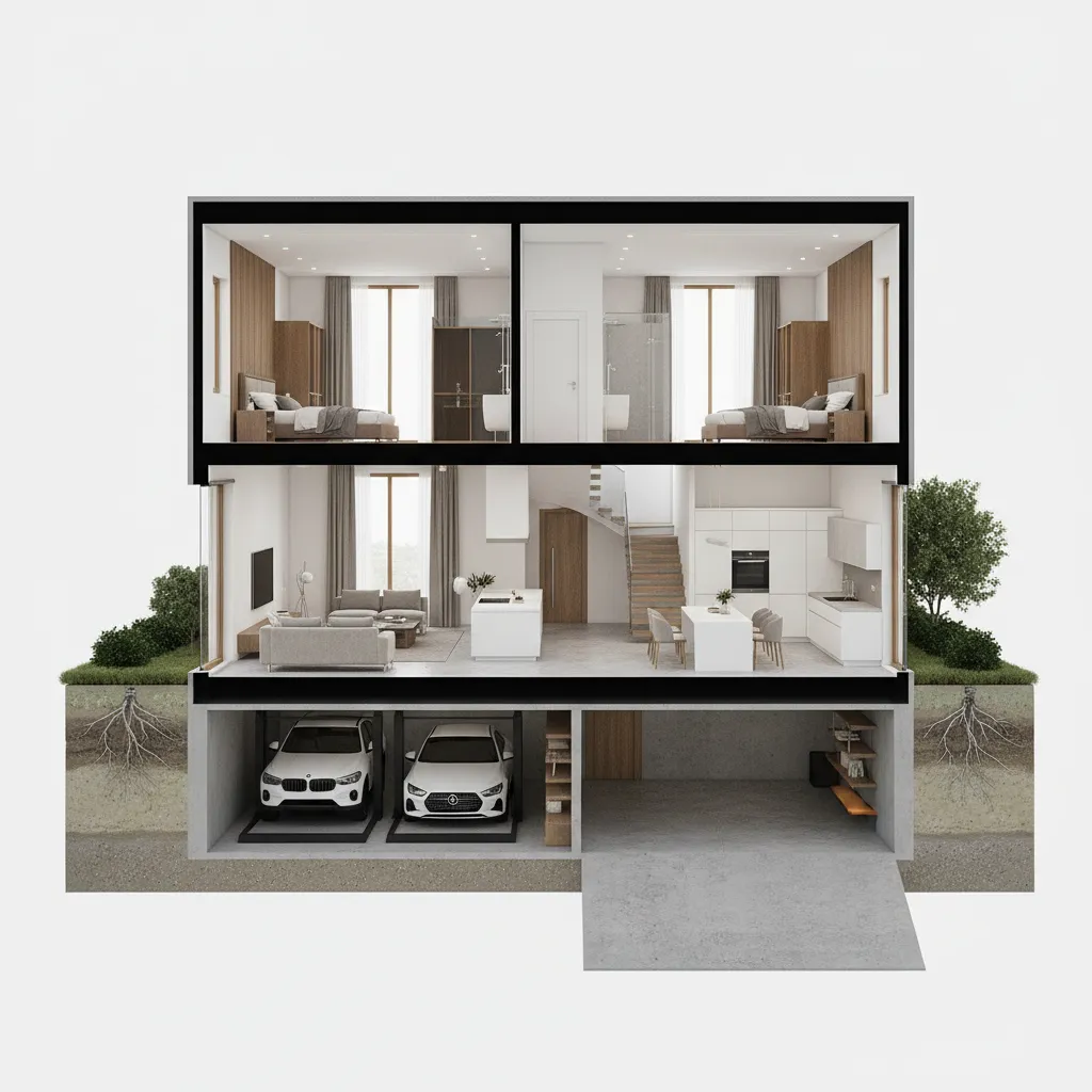 Modelo 3D de distribución interior de casa de 150 m2