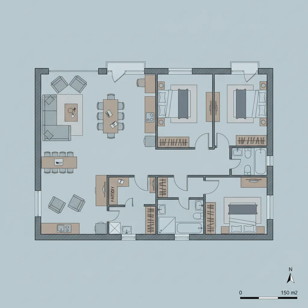 Distribución interior de casa de 150 m² con zonas sociales y privadas