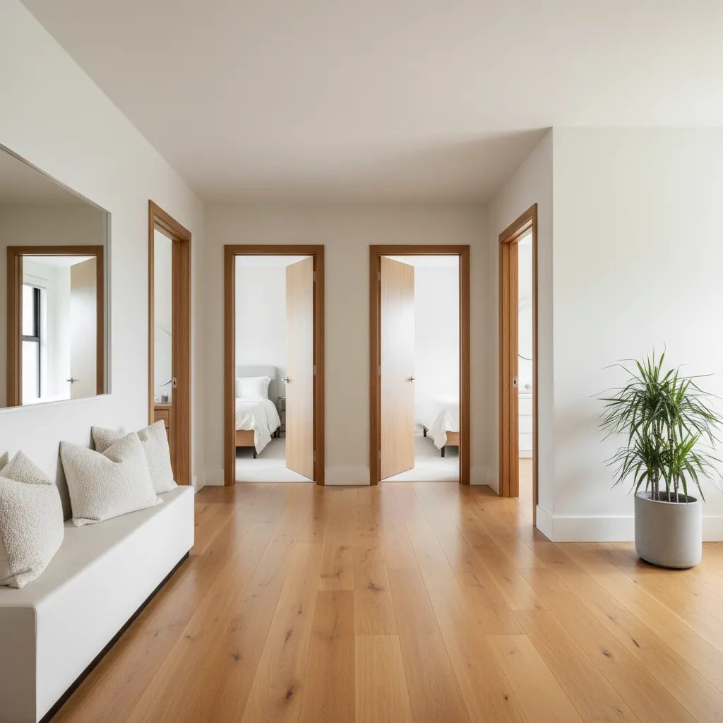 Modern house hallway with wooden floor, white bench, indoor plant, and three open bedroom doors