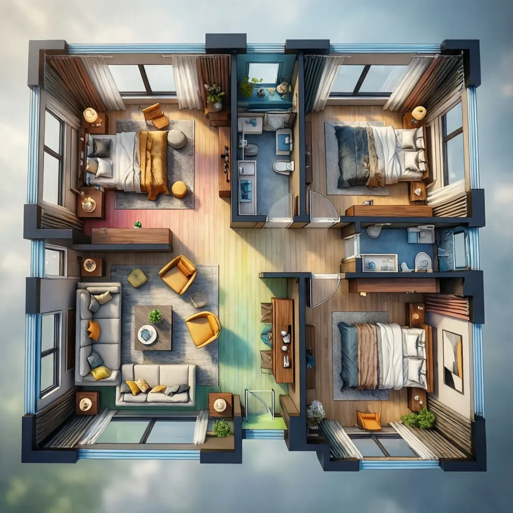 Top down view of an interior design drawing with three bedrooms and a living room