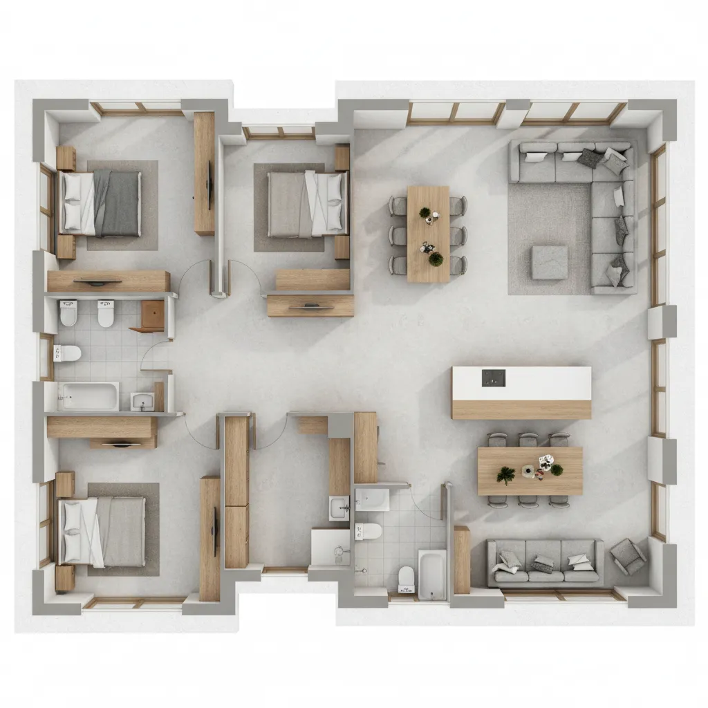Distribución interior de una casa de tres dormitorios con salón y cocina abierta