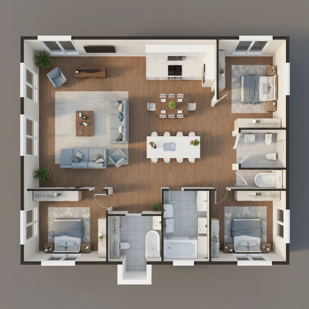 Plano de distribución con tres dormitorios y sala abierta