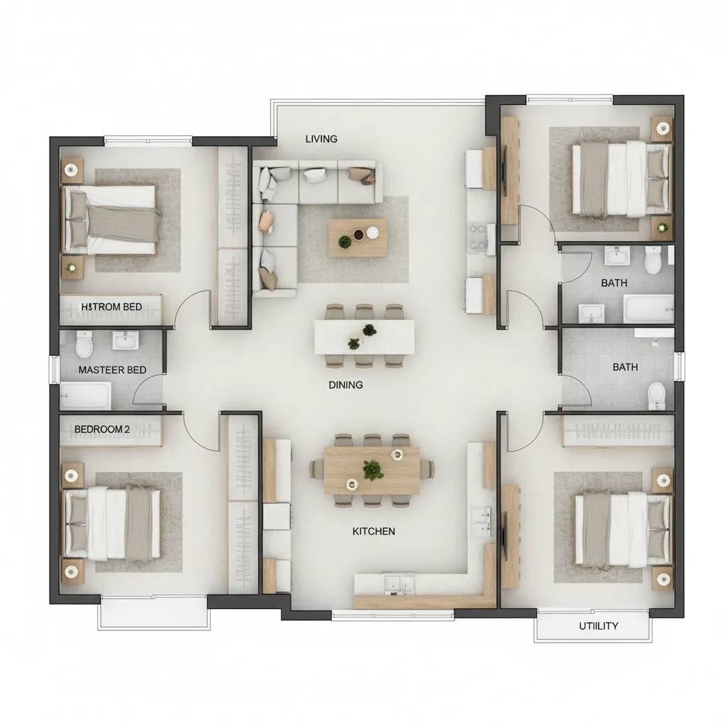 Detailed floor plan of modern four bedroom apartment including living room dining area kitchen and bathroom