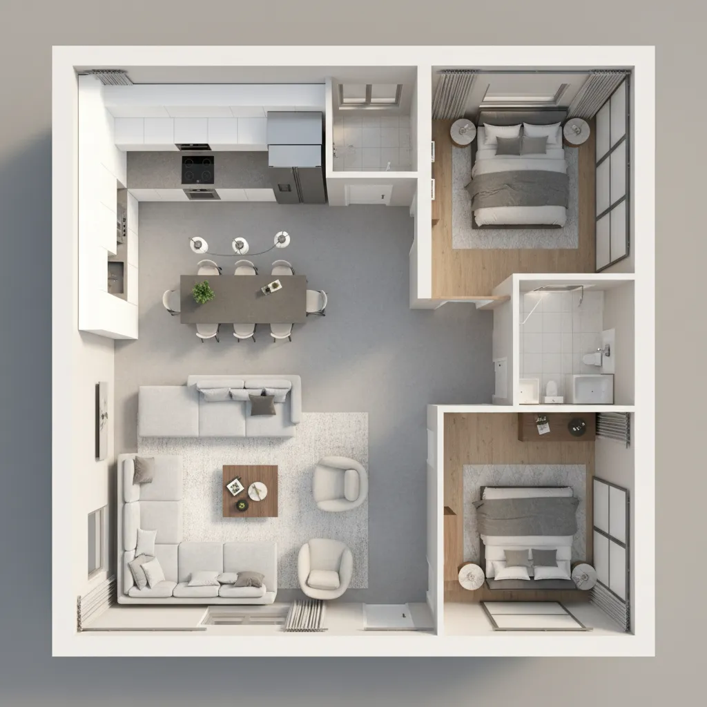Plano 3D de una casa moderna con salón, cocina y dormitorios visibles