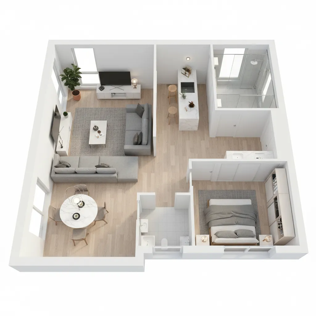 Plano tridimensional de distribución de vivienda moderna