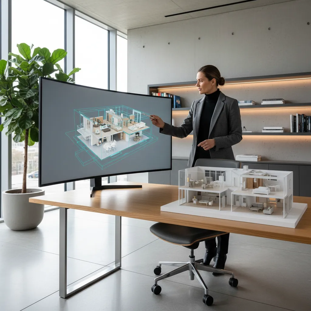 diseñador revisando distribución de habitaciones en modelo 3D de casa