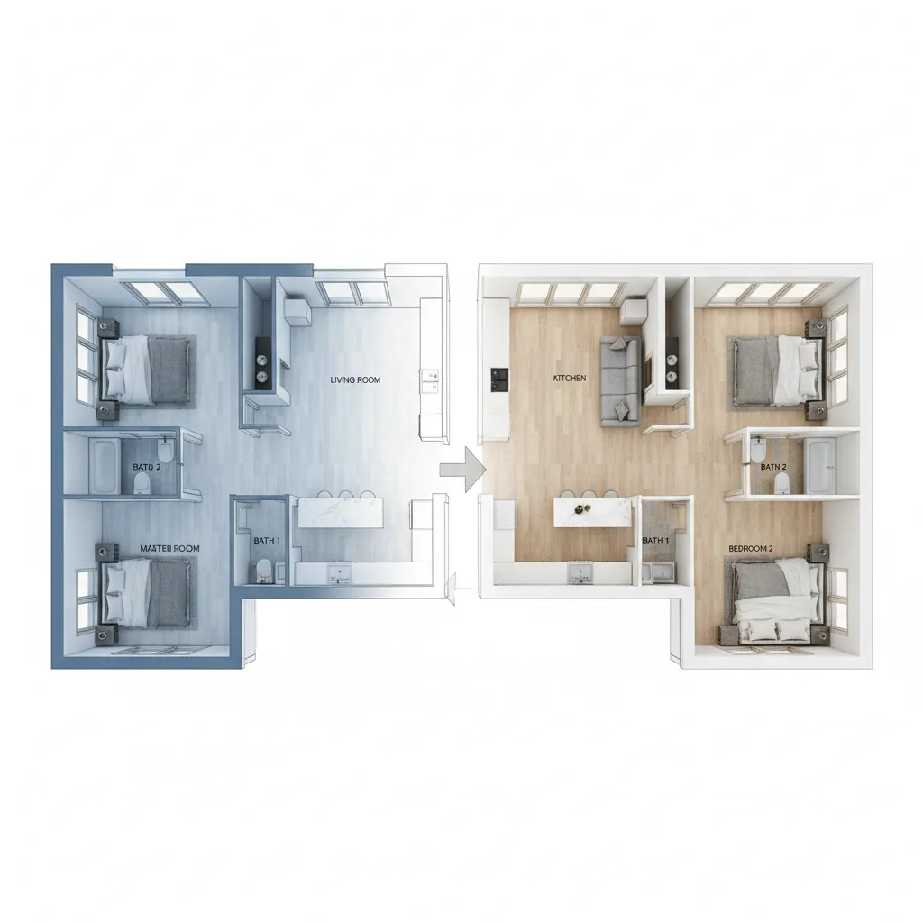 Plano de casa convertido en modelo tridimensional