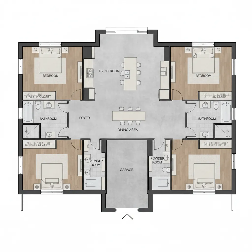 Interior design drawing of house layout with four bedrooms, living area, and a central garage