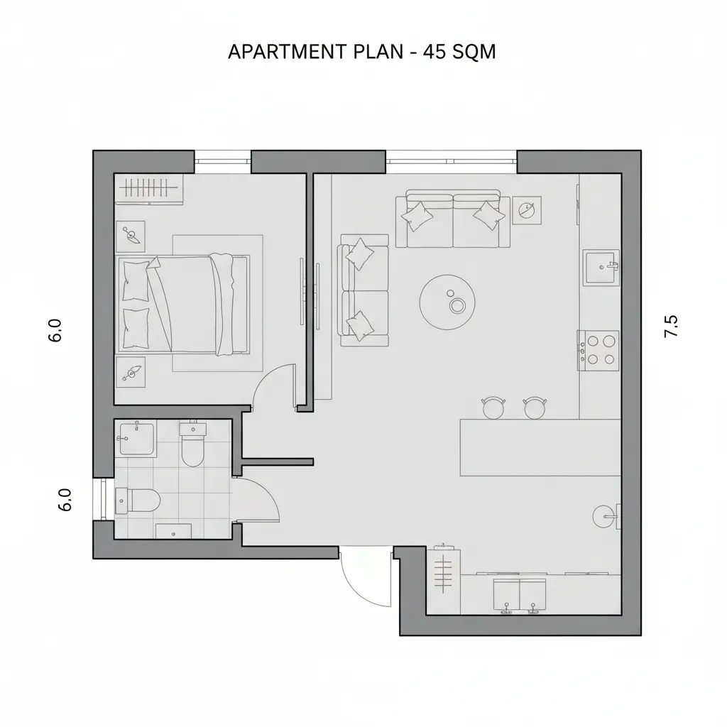 Plano de distribución optimizada para vivienda de 45 metros cuadrados