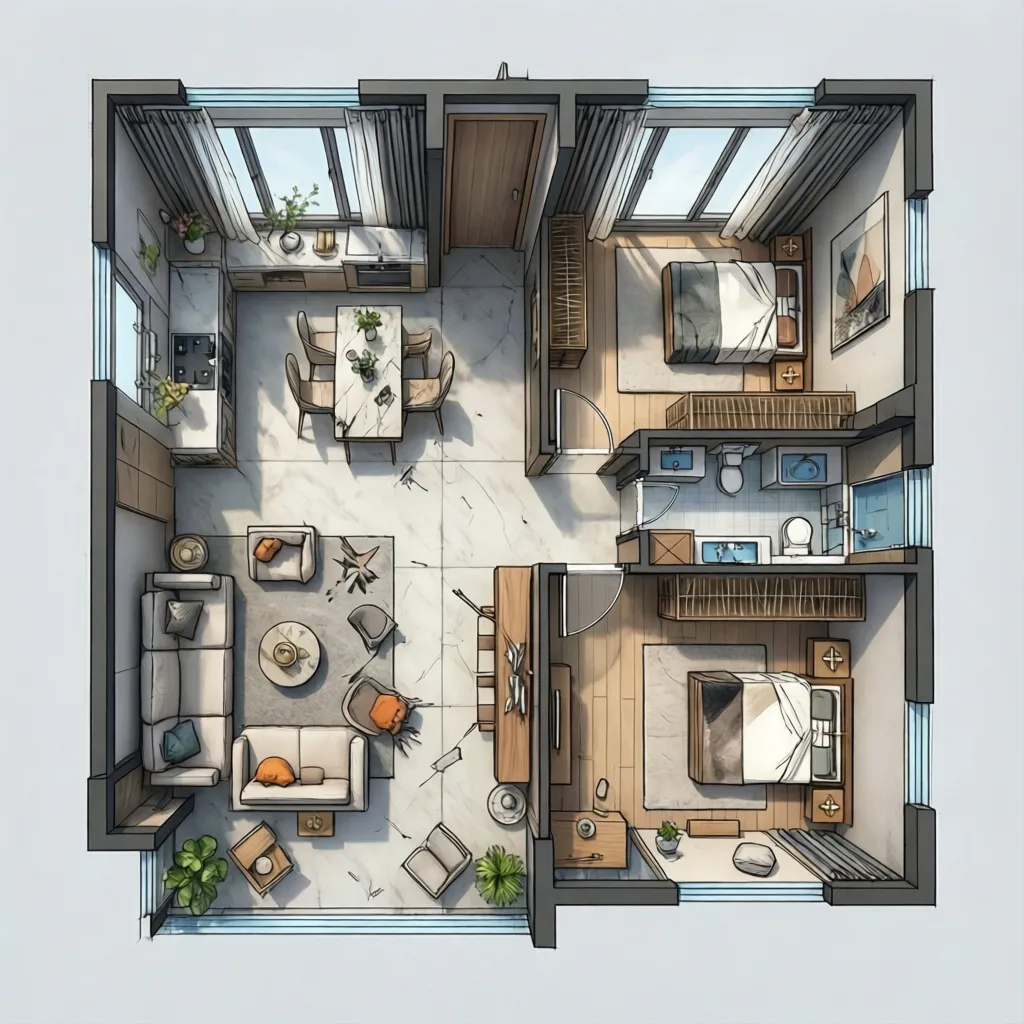 Plano de distribución eficiente para una casa de 60 metros cuadrados