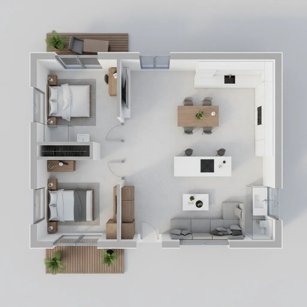 Distribución interior eficiente de una casa pequeña de 70 metros cuadrados