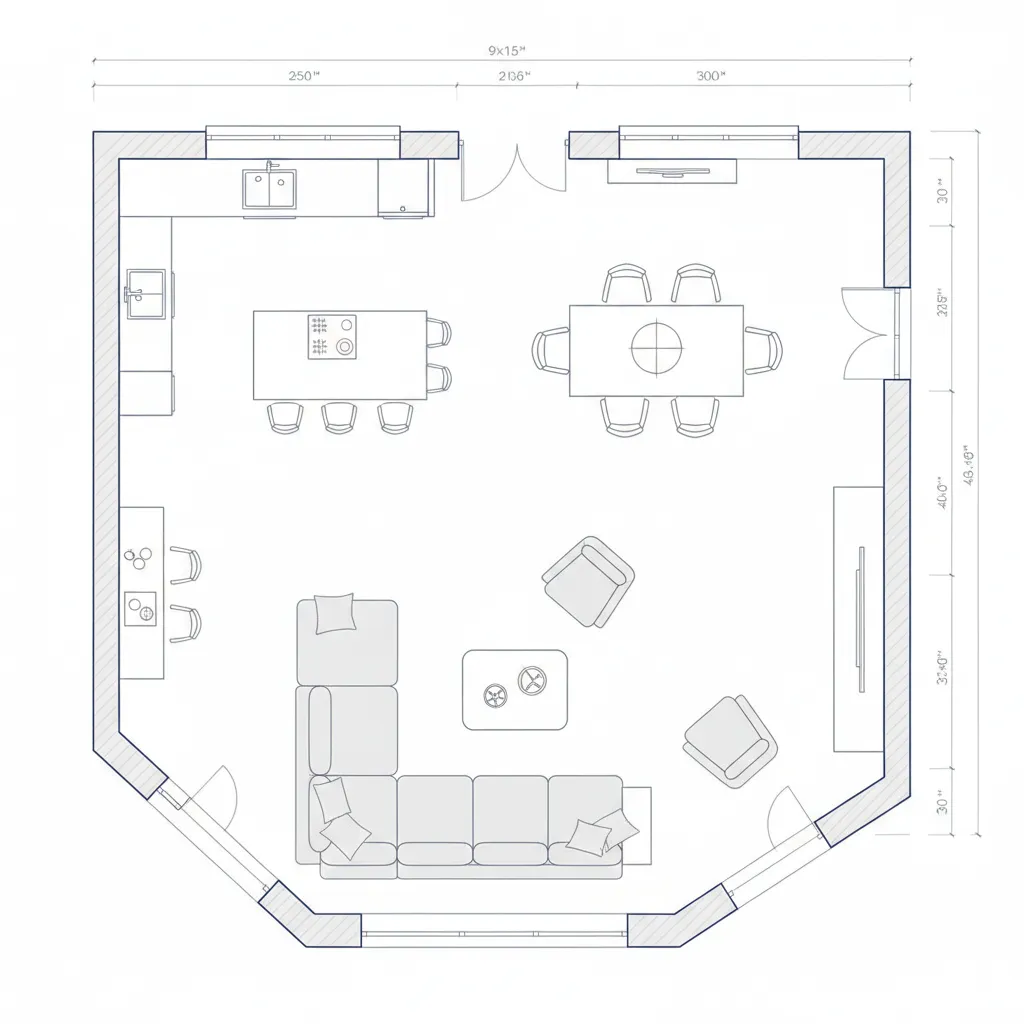 Distribución de sala, comedor y cocina en casa de 9x15 metros