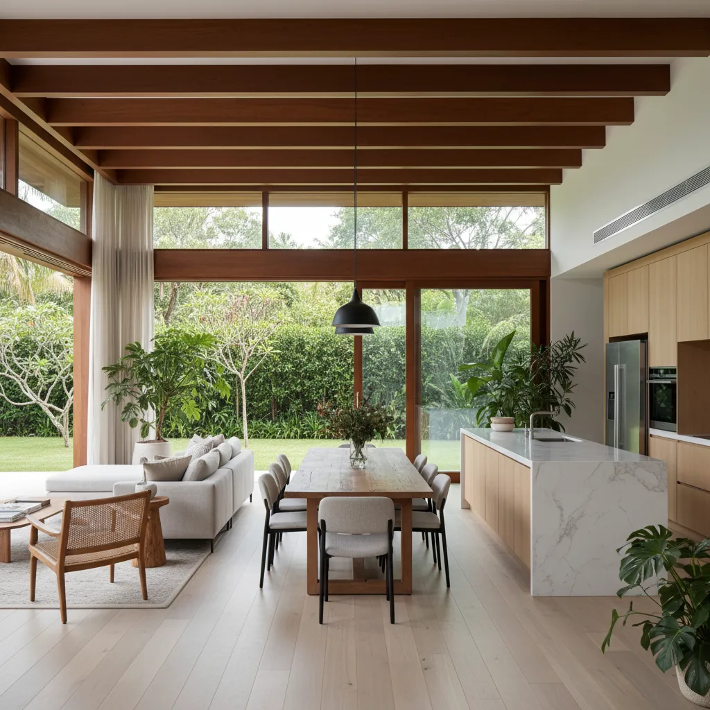 Interior con sala comedor y cocina integrados en casa moderna