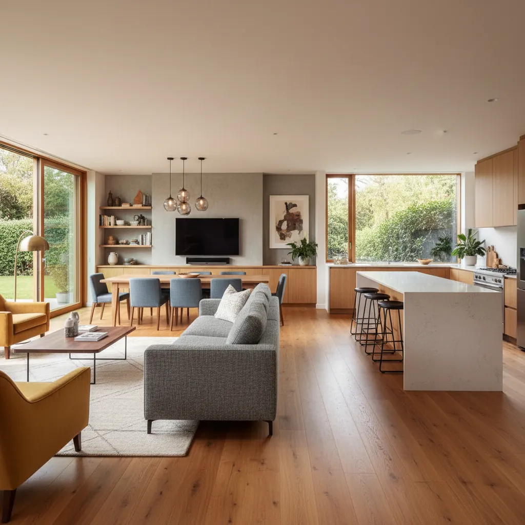 Modern open plan room layout with grey sofa yellow armchairs wood floor and kitchen island