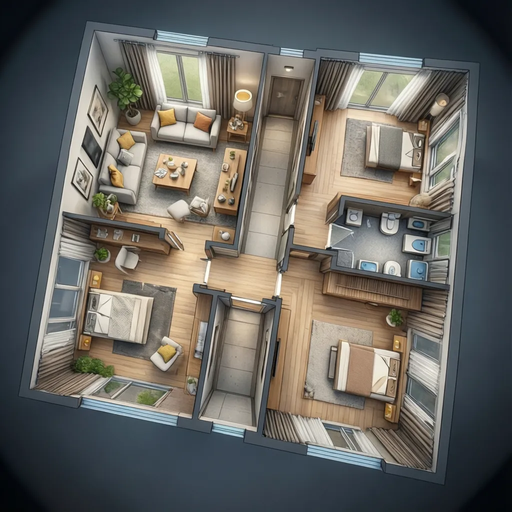 3D interior design drawing of a modern apartment with three bedrooms living room and furniture
