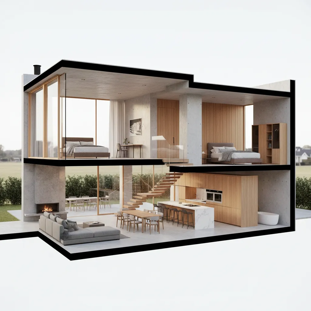 Distribución interior de casa moderna de dos plantas