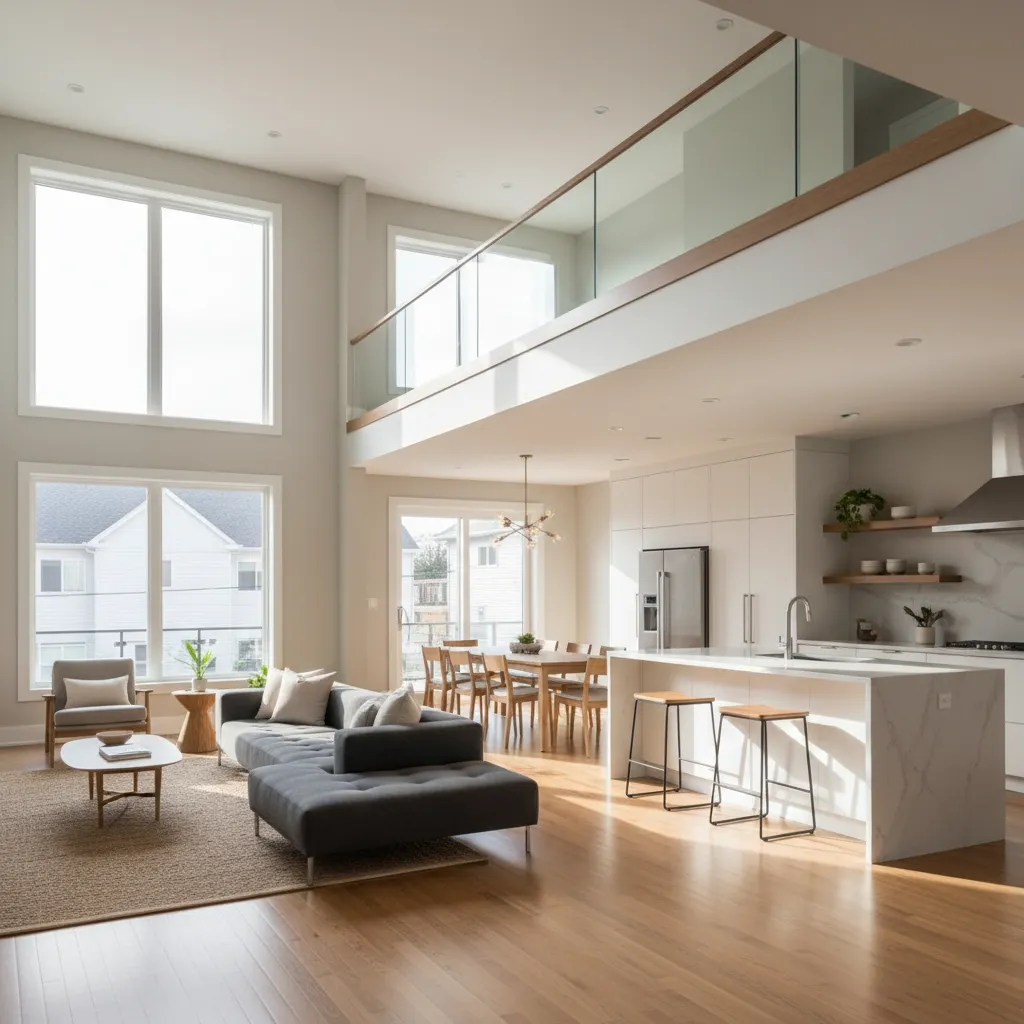 Modern open plan living room with grey sofa wooden floor white kitchen island and chairs