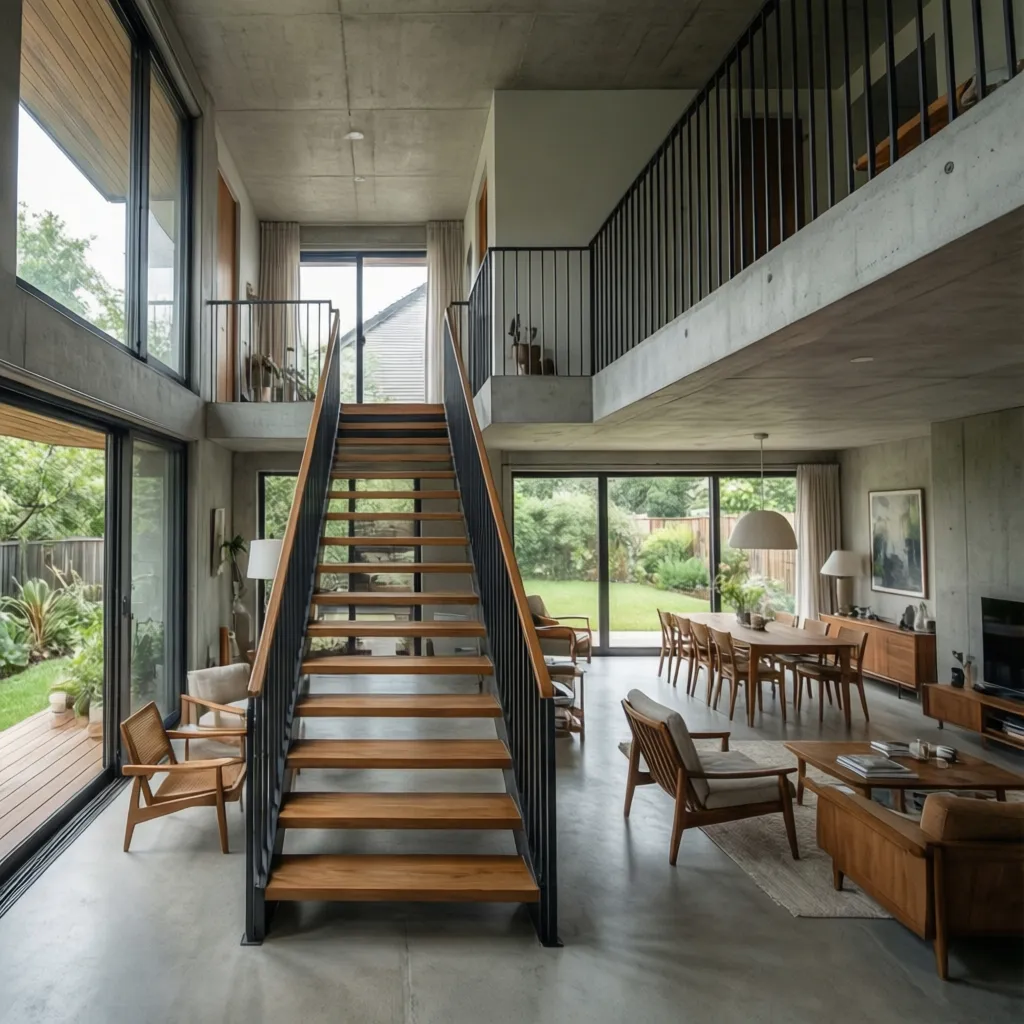 Interior de casa moderna de dos plantas con escalera central