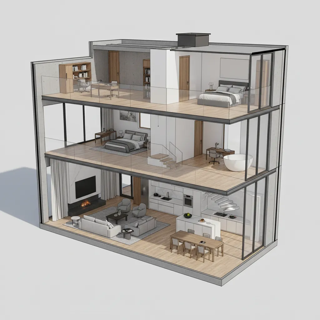 Representación 3D de una casa grande de dos plantas con distribución moderna
