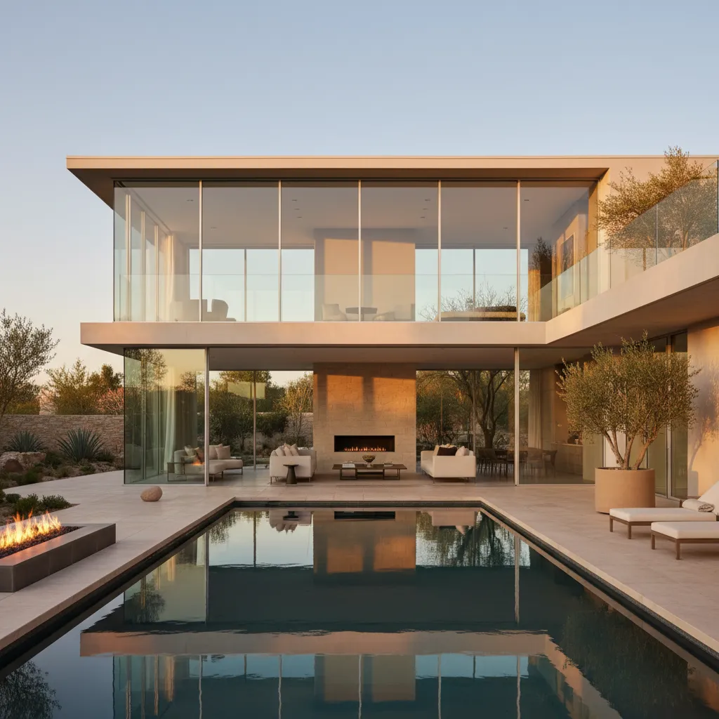 Vista exterior de casa moderna de dos plantas con piscina frente al salón