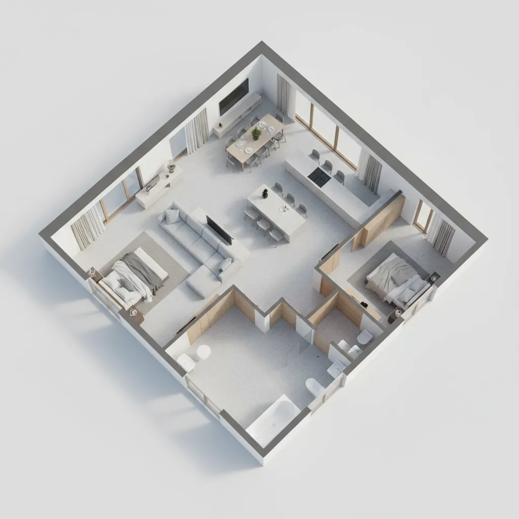 Modelo 3D de distribución interior de una casa en esquina