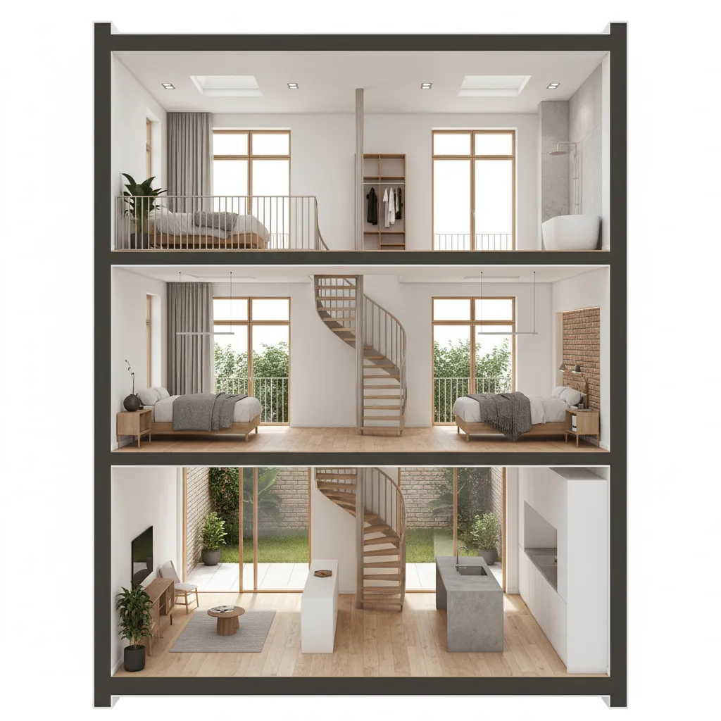 Vista 3D de la distribución de una casa estrecha entre medianeras