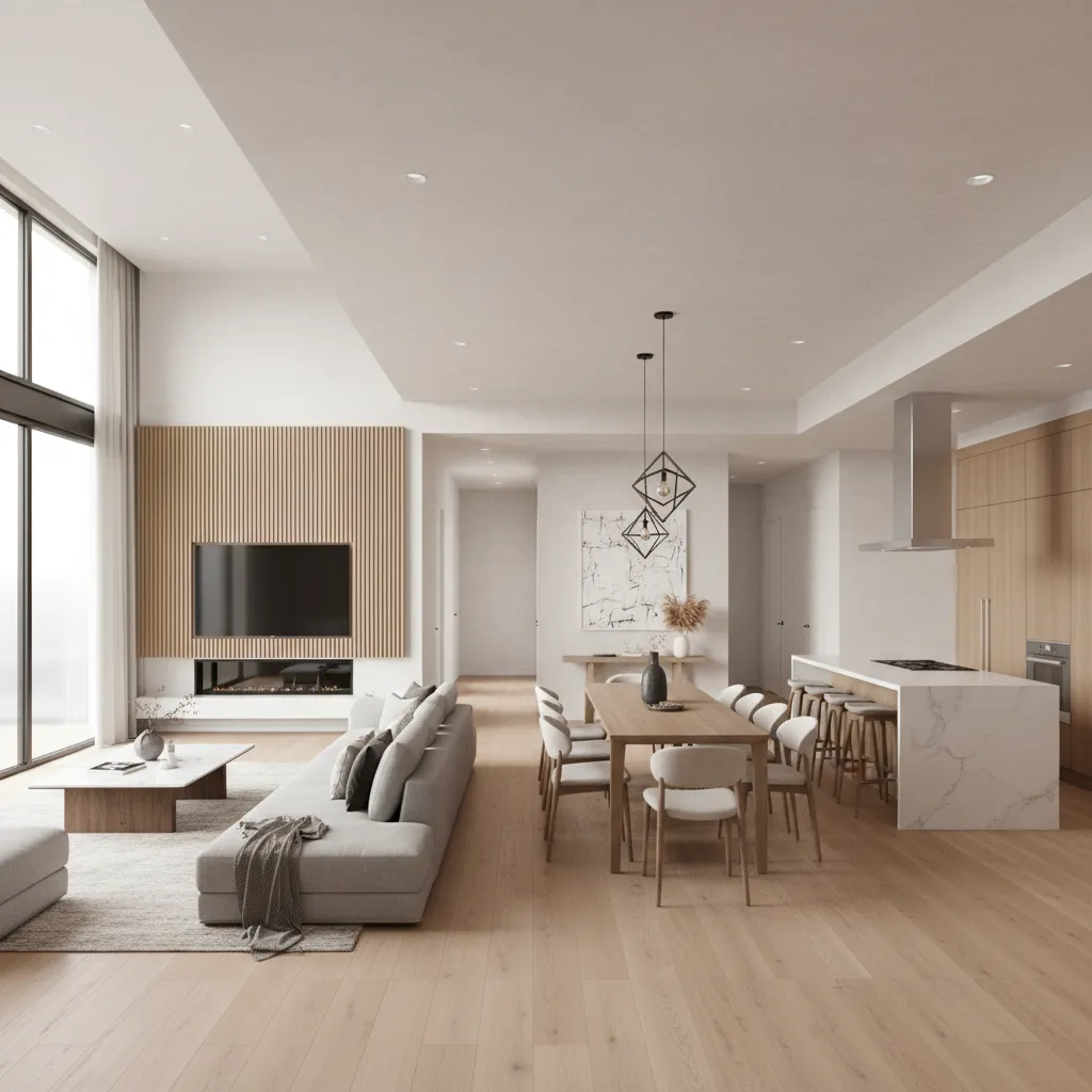 Distribución interior de casa familiar con salón abierto y dormitorios conectados