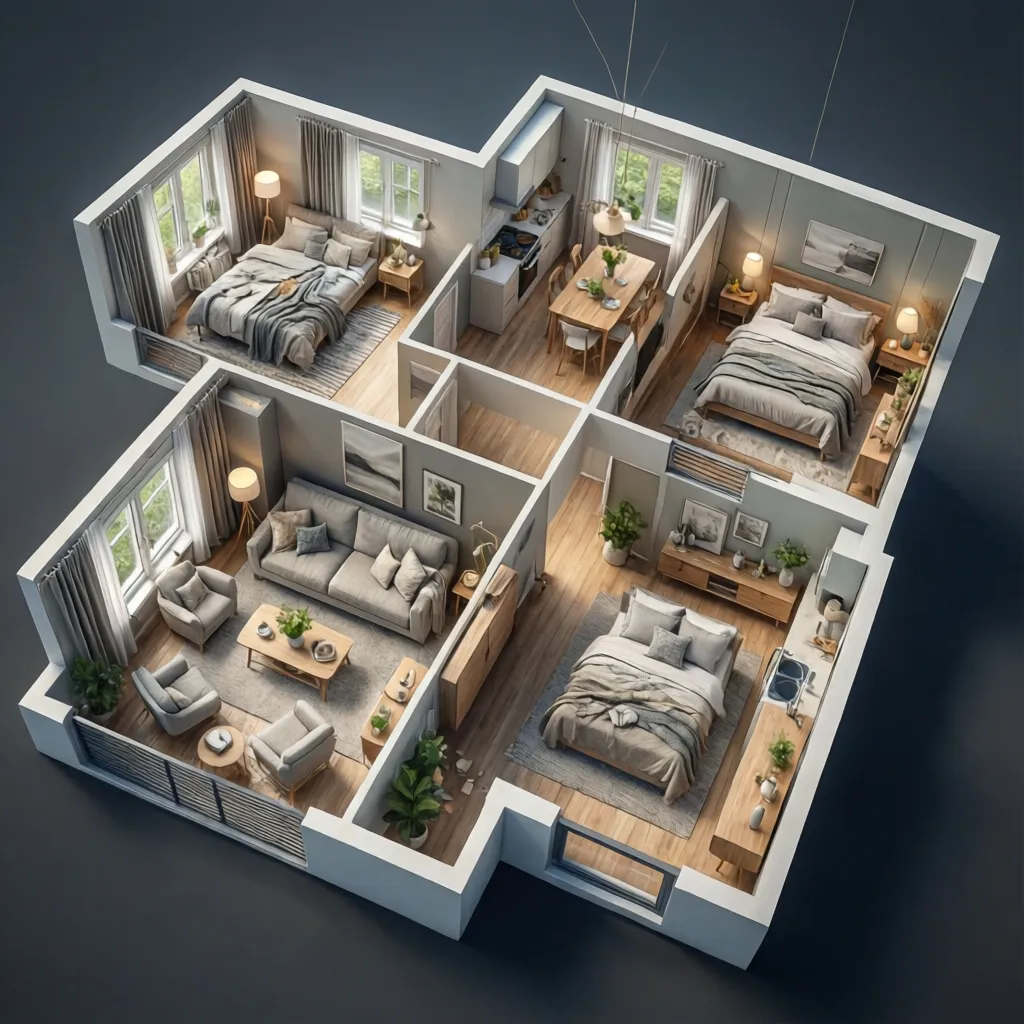 Render 3D de distribución interior de casa familiar con tres recámaras