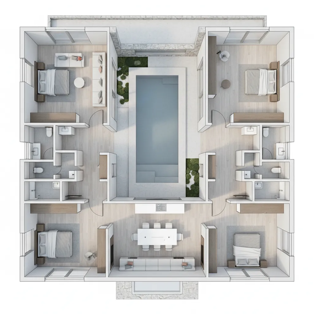 Distribución arquitectónica de una casa moderna en forma de U