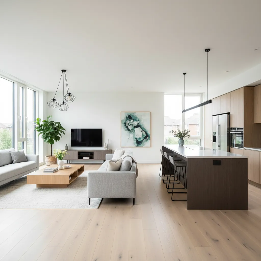 Interior de casa moderna con sala abierta y cocina integrada