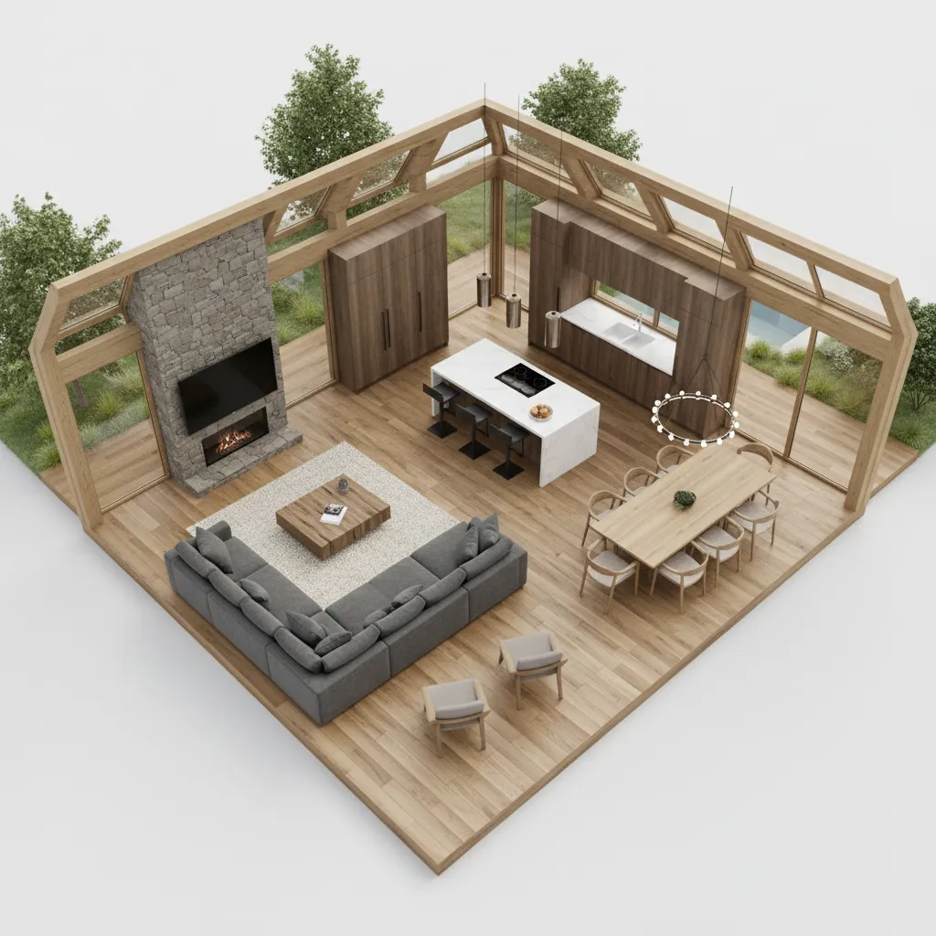 Interior design drawing showing a modern room layout with grey sofa, stone fireplace, and kitchen