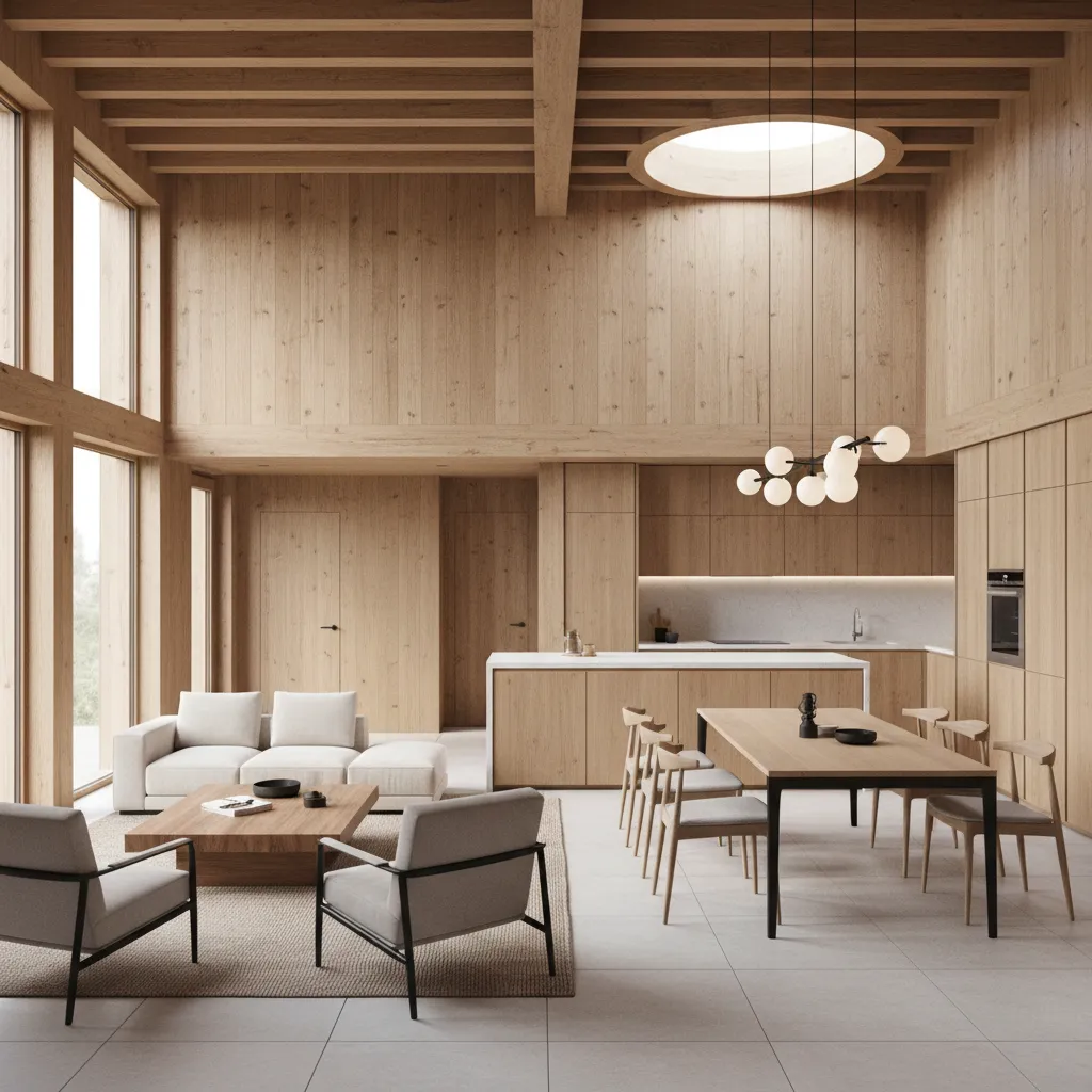 Diseño interior abierto en casa de madera con salón y cocina integrados