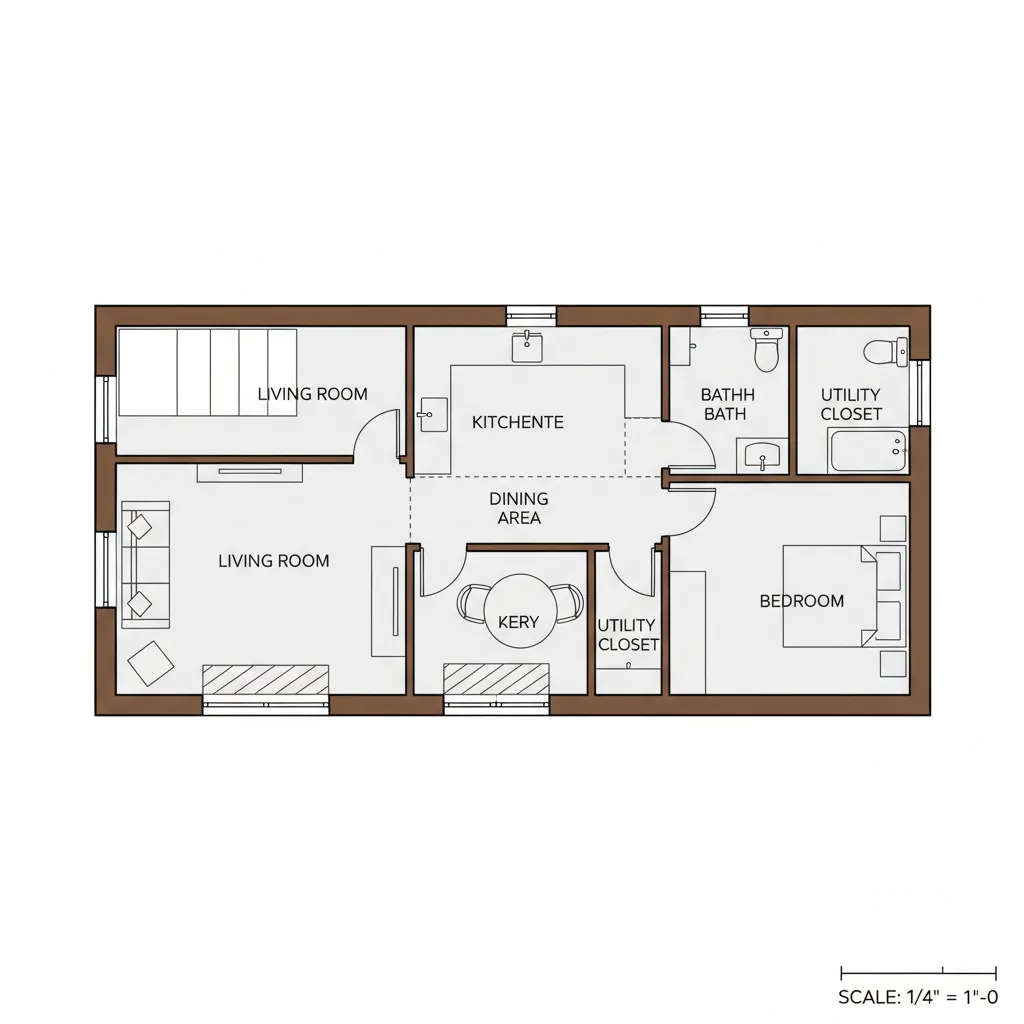 Plano de distribución rectangular eficiente para casa de madera