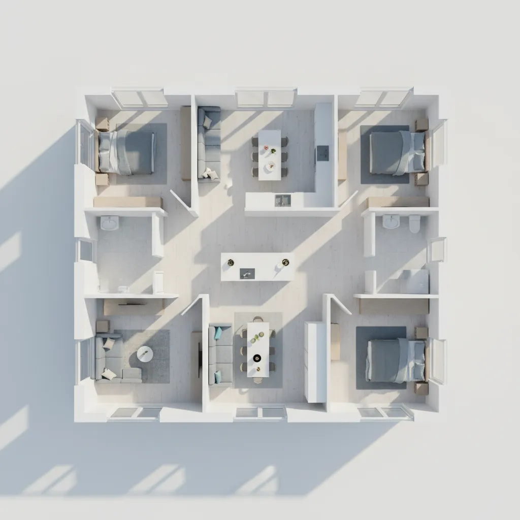 Vista superior de un modelo de casa en 3D mostrando habitaciones y pasillos