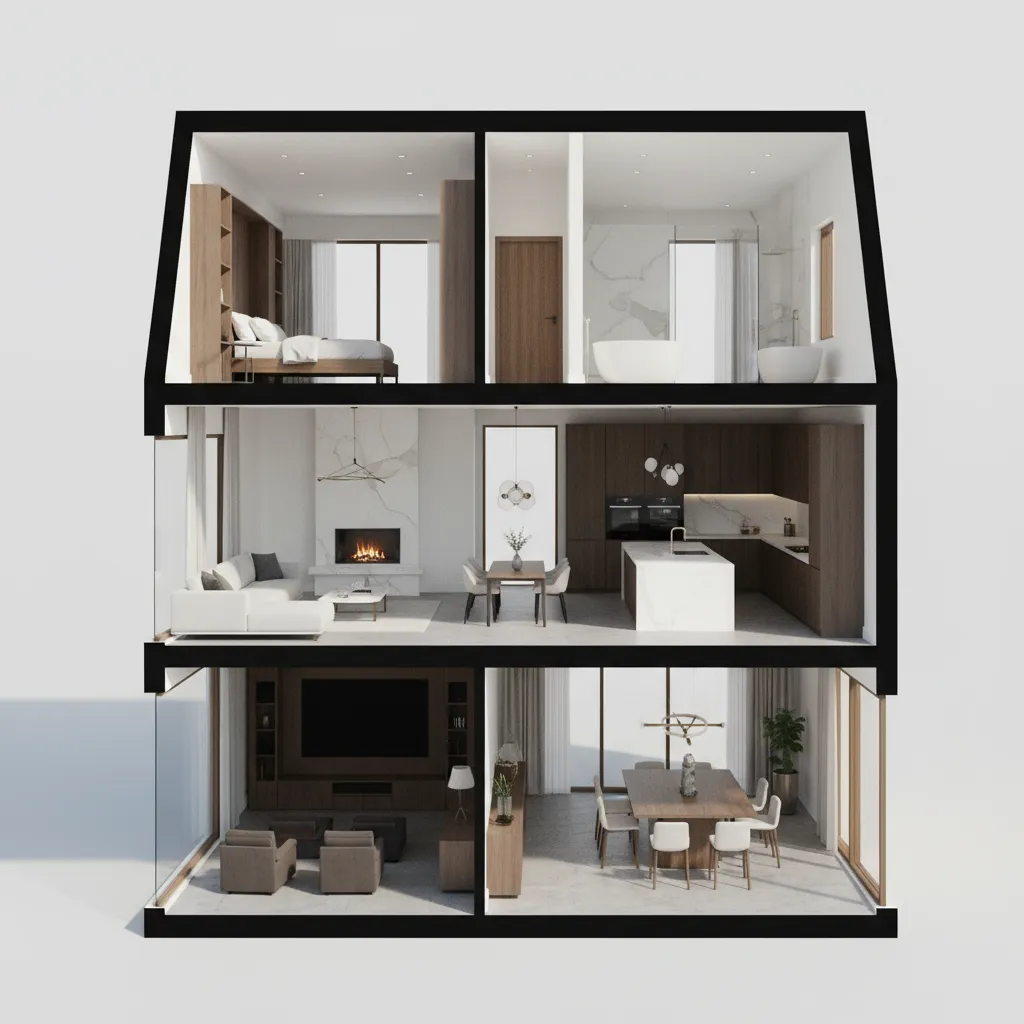 Three story house cross section showing bedroom bathroom kitchen living room and dining room layout
