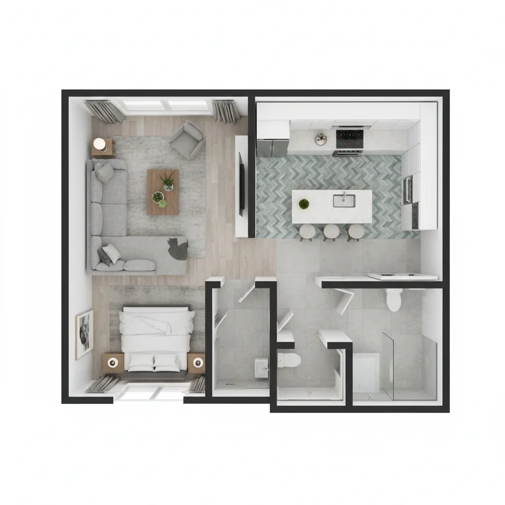 Top view of an interior design drawing showing a living room kitchen bedroom and bathroom layout