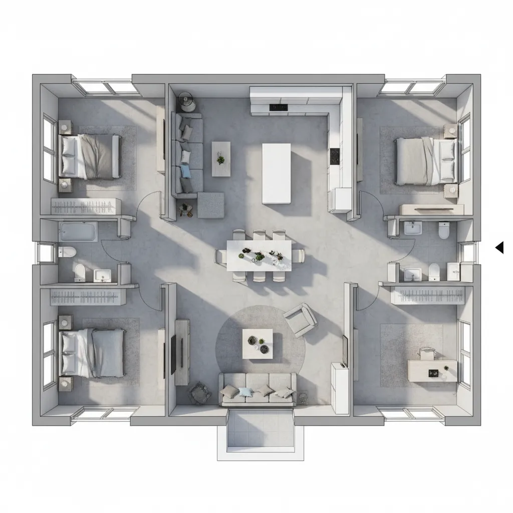 Vista superior de la distribución interior de una casa moderna