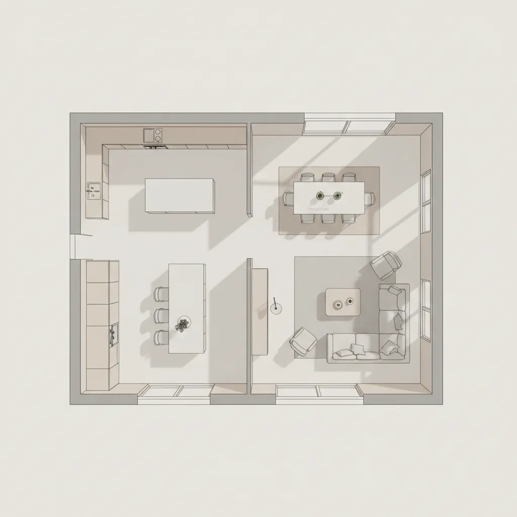 Plano de casa moderna con distribución abierta